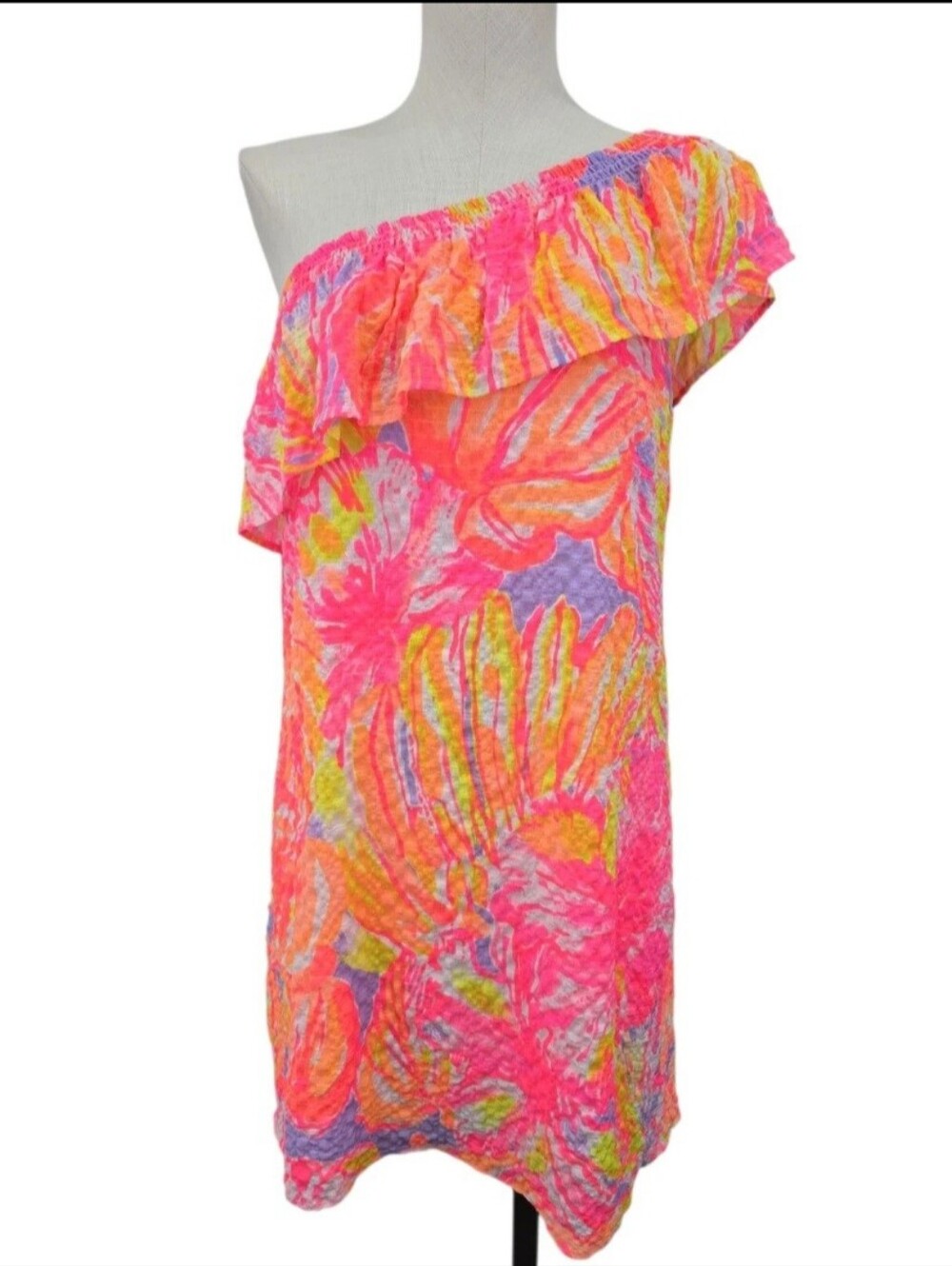 Lilly Pulitzer Emmeline One Shoulder Dress Neon Pink Yellow XS Beach Tropical